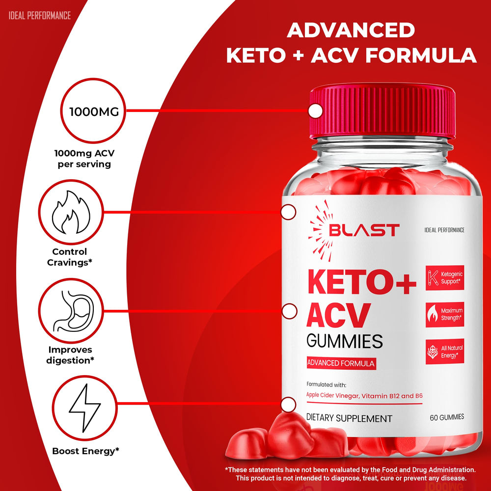 IDEAL PERFORMANCE Blast Keto ACV Gummies closeup texture shows chewy, fruity gummies.