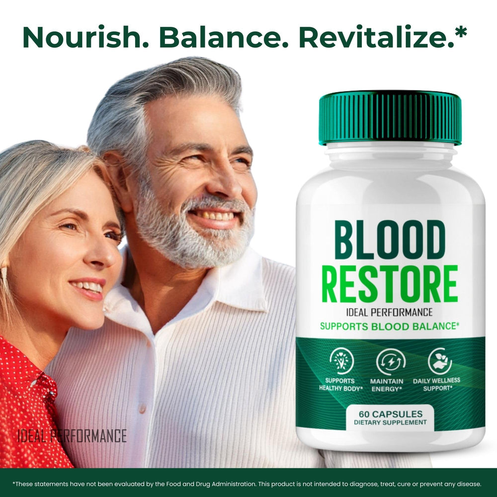 IDEAL PERFORMANCE Blood Restore Capsules ingredients list shows natural components.