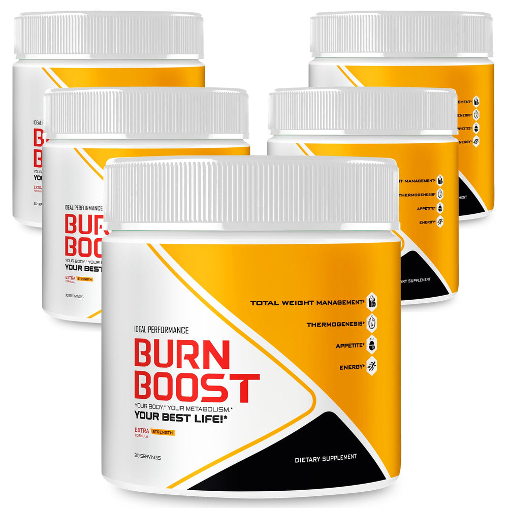 IDEAL PERFORMANCE Burn Boost Powder tub signals a powerful pre-workout energy boost.