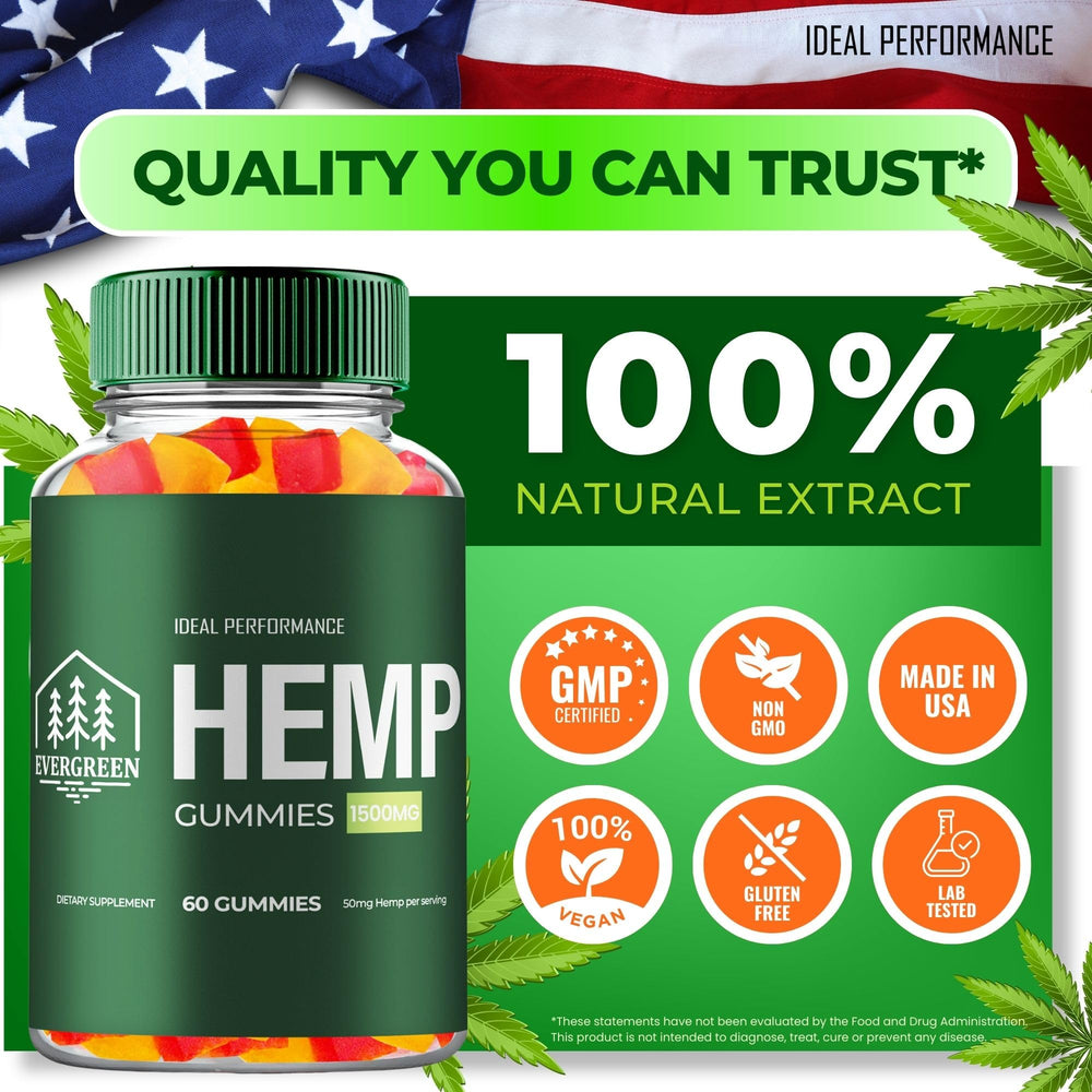 IDEAL PERFORMANCE Evergreen Hemp Gummies ingredients panel highlights plant-based components.