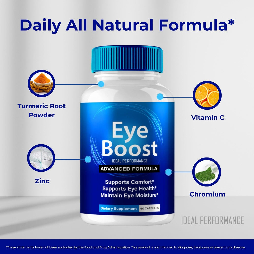 IDEAL PERFORMANCE Eye Boost capsules spilled display illustrating convenient daily intake.