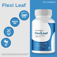 IDEAL PERFORMANCE Flexileaf capsules with a blurred background highlighting natural ingredients.