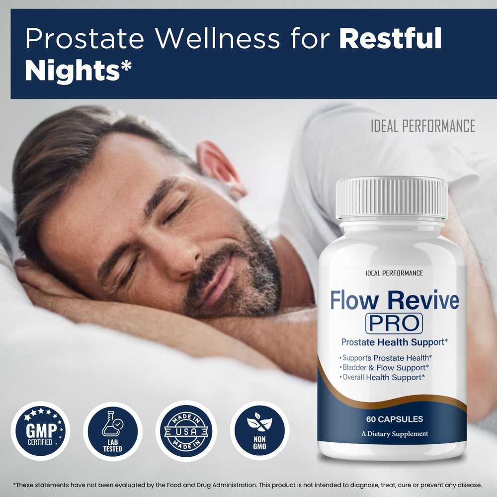 IDEAL PERFORMANCE Flow Revive pills arranged with water for easy daily intake