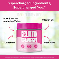 IDEAL PERFORMANCE Gelatin Burn Powder label detail highlighting natural ingredients.
