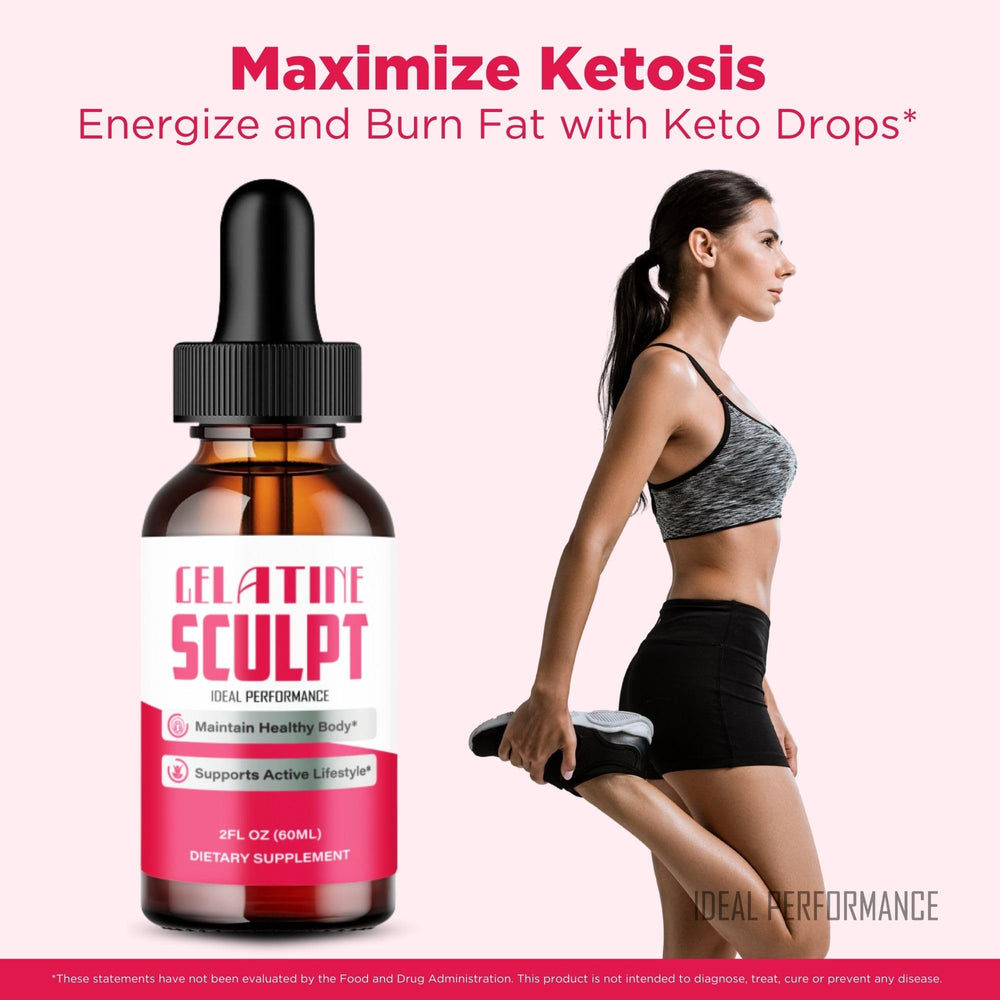 IDEAL PERFORMANCE Gelatine Sculpt Drops on a kitchen counter beside a glass of water.