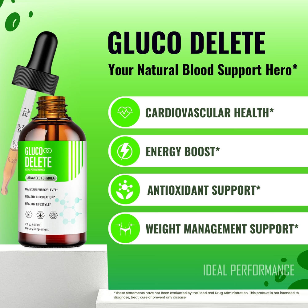 IDEAL PERFORMANCE Gluco Delete Drops label close-up highlights natural ingredients for circulation.