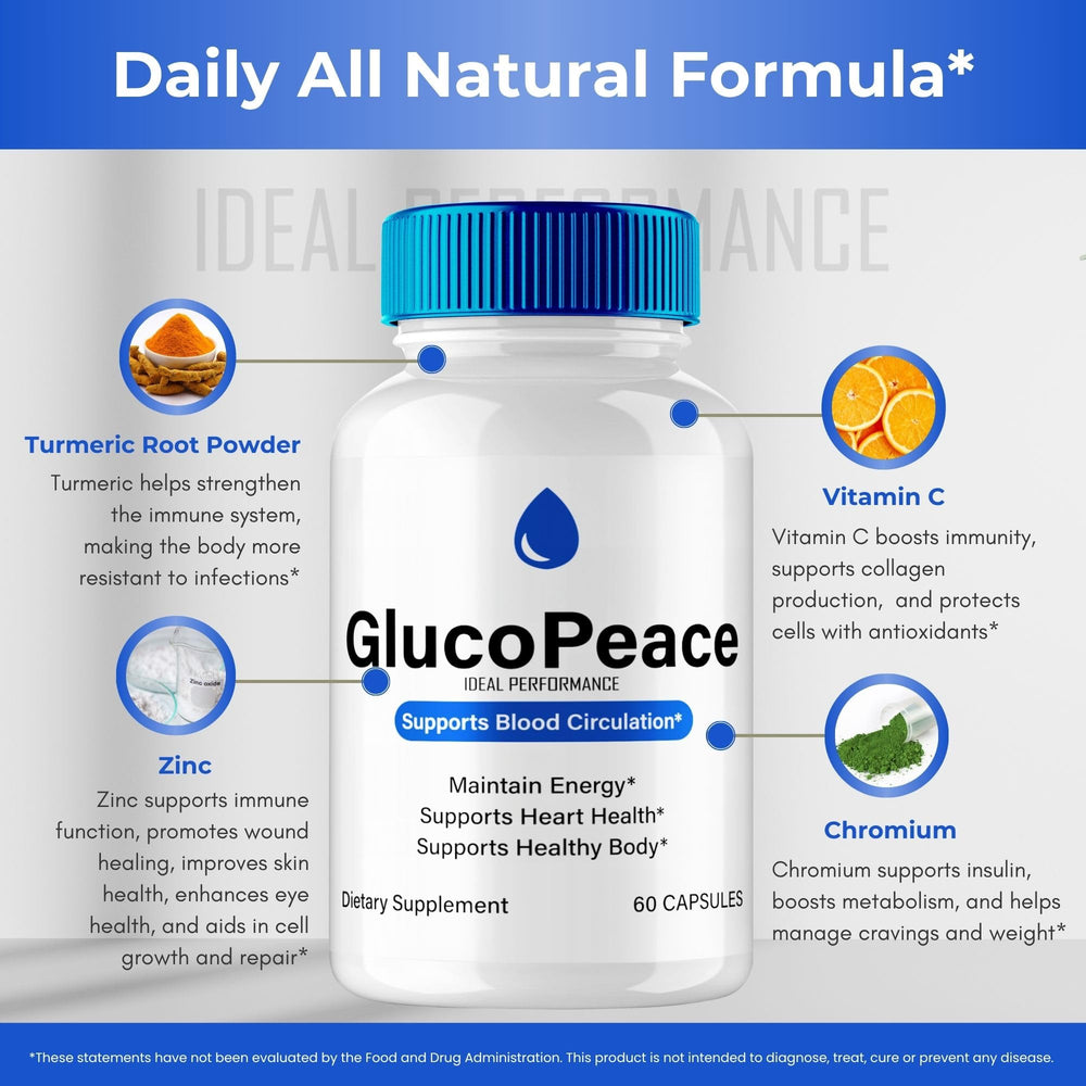 IDEAL PERFORMANCE Gluco Peace pills pack-back, clear benefits and ingredients overview.