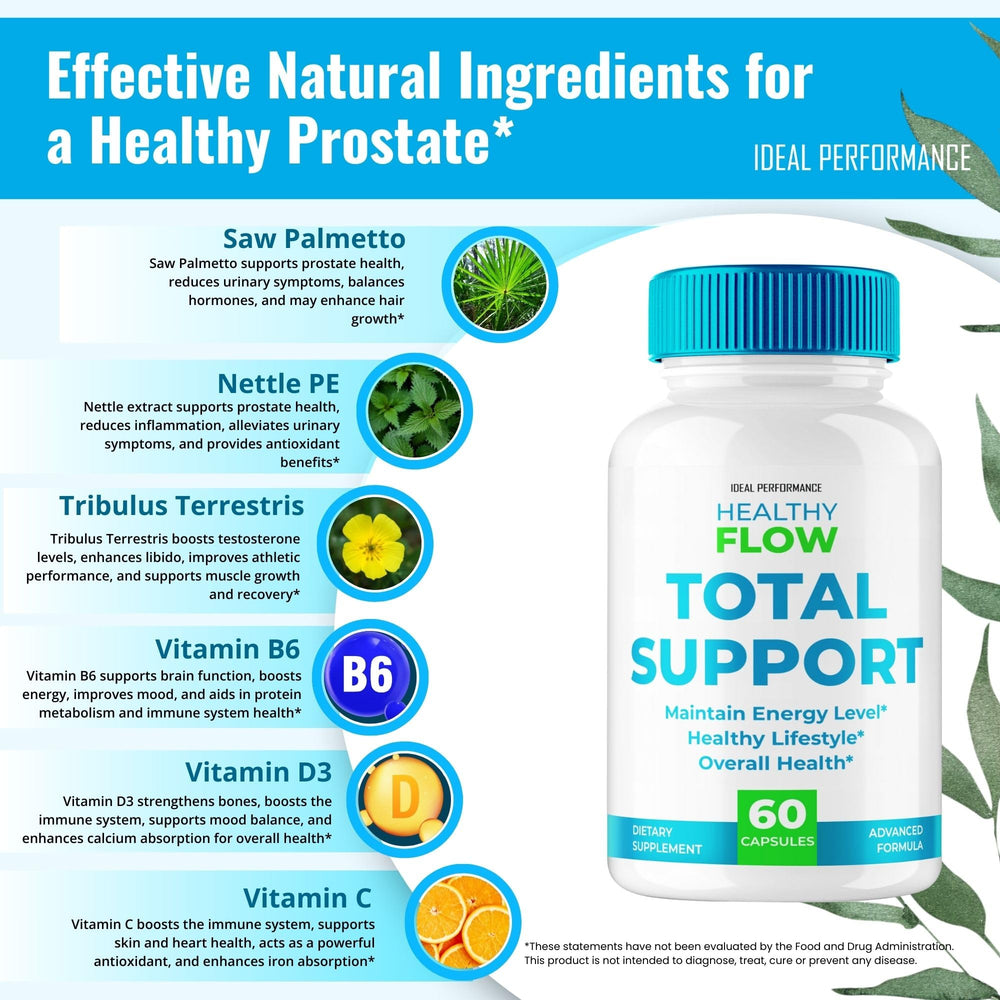 IDEAL PERFORMANCE Healthy Flow Total Support dosage label sample for simple daily routine.