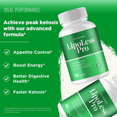 IDEAL PERFORMANCE Lipoless bottles display seal and labeling for trust.