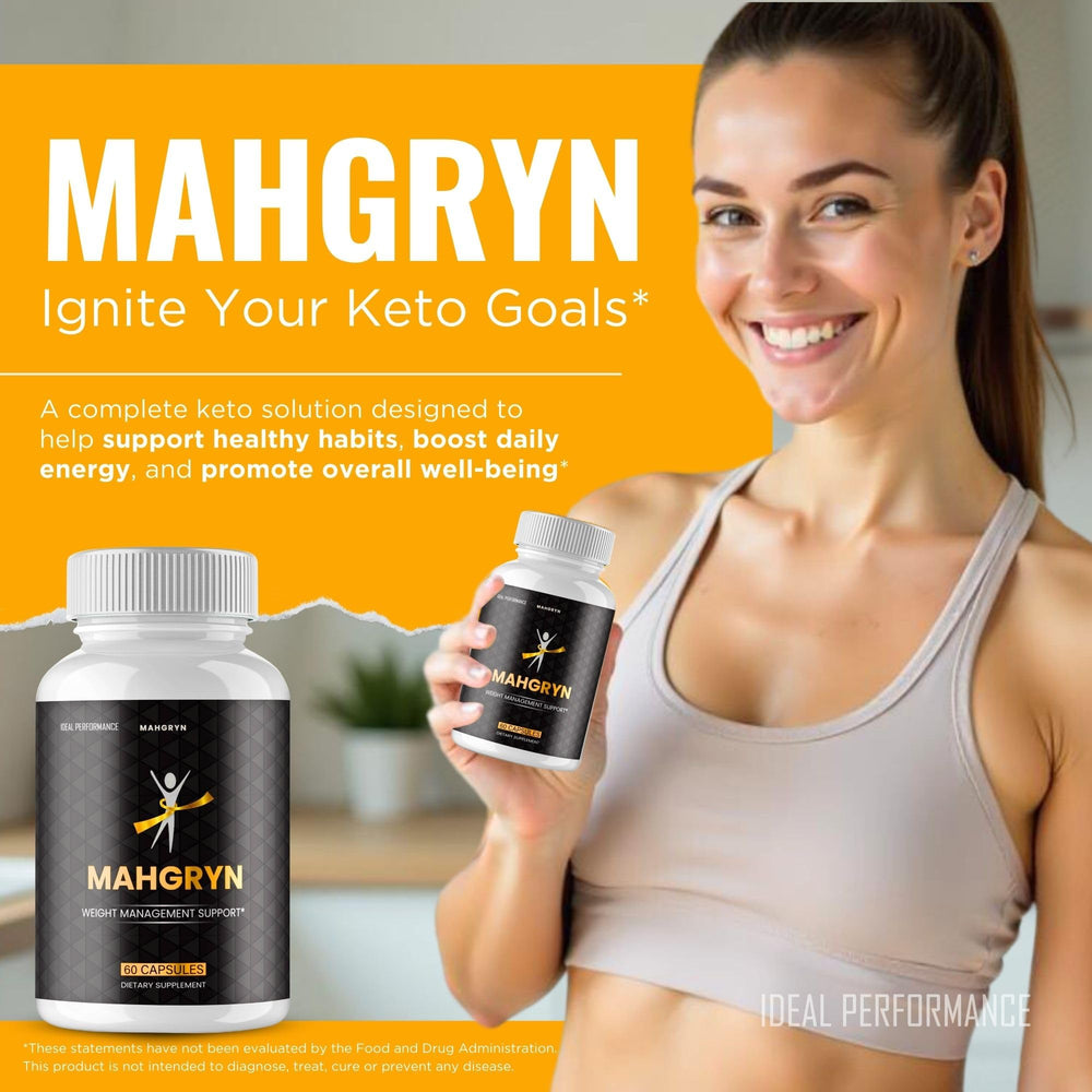 IDEAL PERFORMANCE Mahgryn Capsules keto ingredient blend highlighted, all-natural formula for daily use.