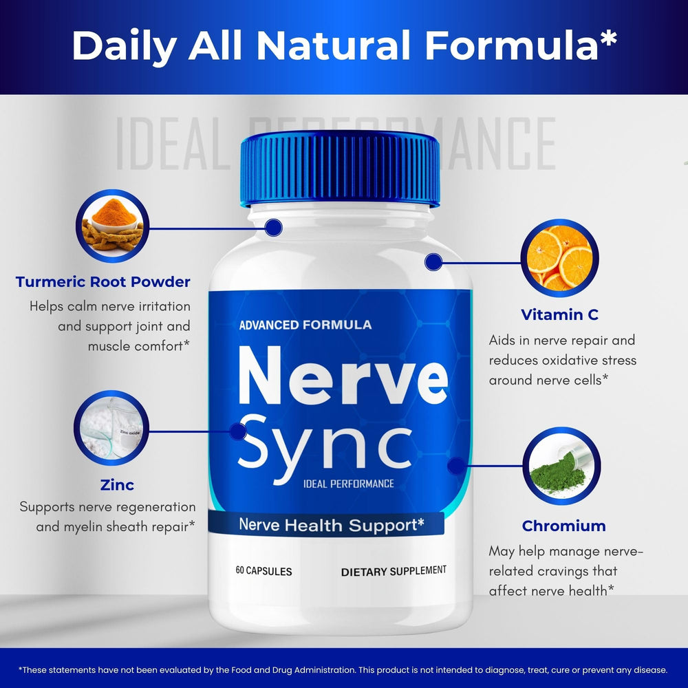 IDEAL PERFORMANCE Nerve Sync capsules on desk with morning coffee.