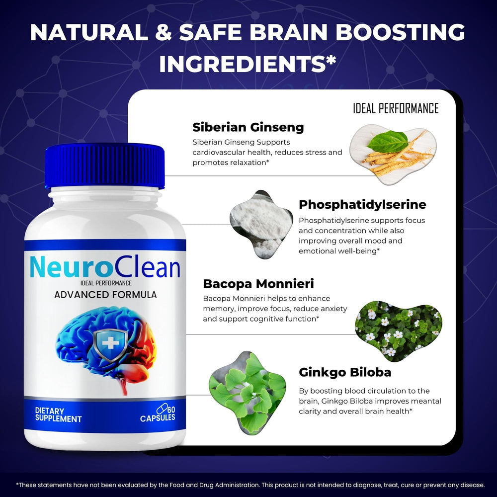 IDEAL PERFORMANCE Neuro Clean bottle beside a notebook, ideal for study sessions.