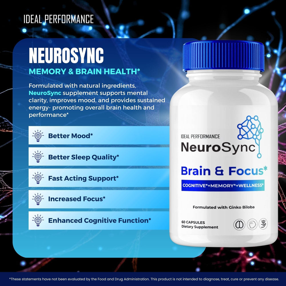 IDEAL PERFORMANCE Neuro Sync packaging artwork showcases all natural formula.