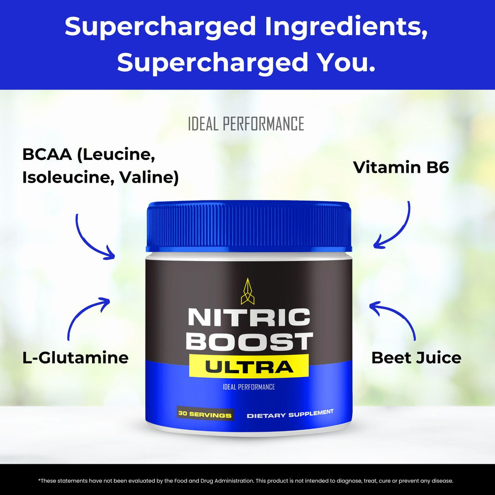 IDEAL PERFORMANCE Nitric Boost Ultra BCAA powder mix supports endurance with amino acids.