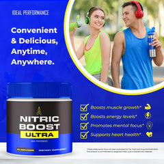 IDEAL PERFORMANCE Nitric Boost Ultra Powder mixed in water for a ready energy boost.