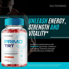 IDEAL PERFORMANCE Primo TRT Gummies label closeup showing natural ingredients and quality assurance