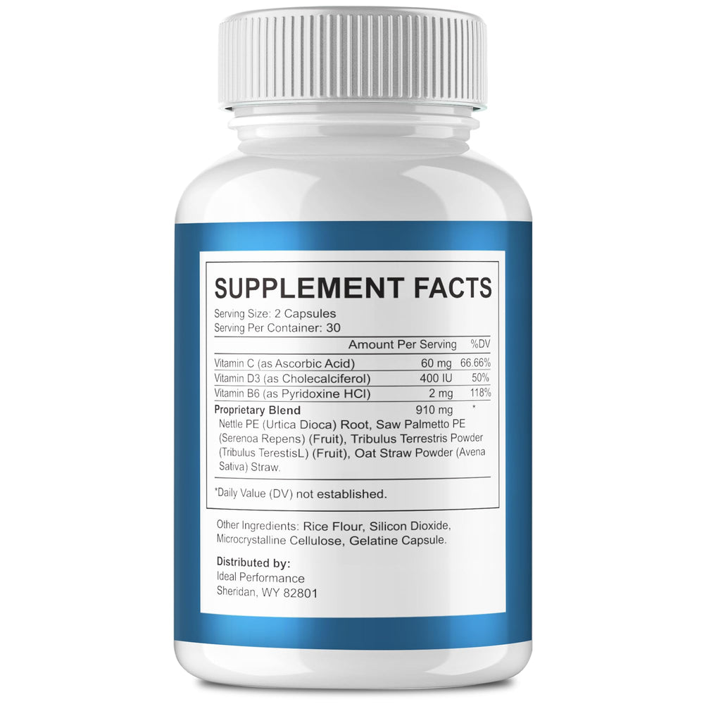 IDEAL PERFORMANCE Prosta Defend bottle back label with wellness details.