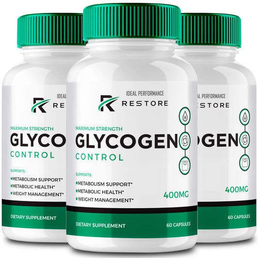 IDEAL PERFORMANCE RestoreGlycogen bottle front view highlights daily energy support.