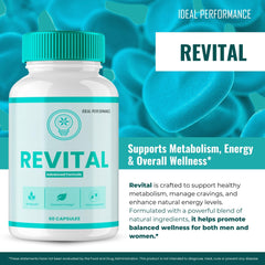 Closeup of Revital Capsules label highlighting premium formula and quality.