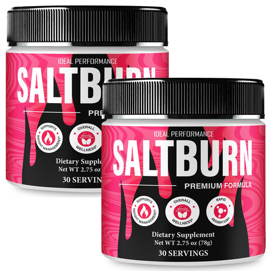 IDEAL PERFORMANCE SaltBurn Powder bottle with label suggests a premium daily wellness supplement.
