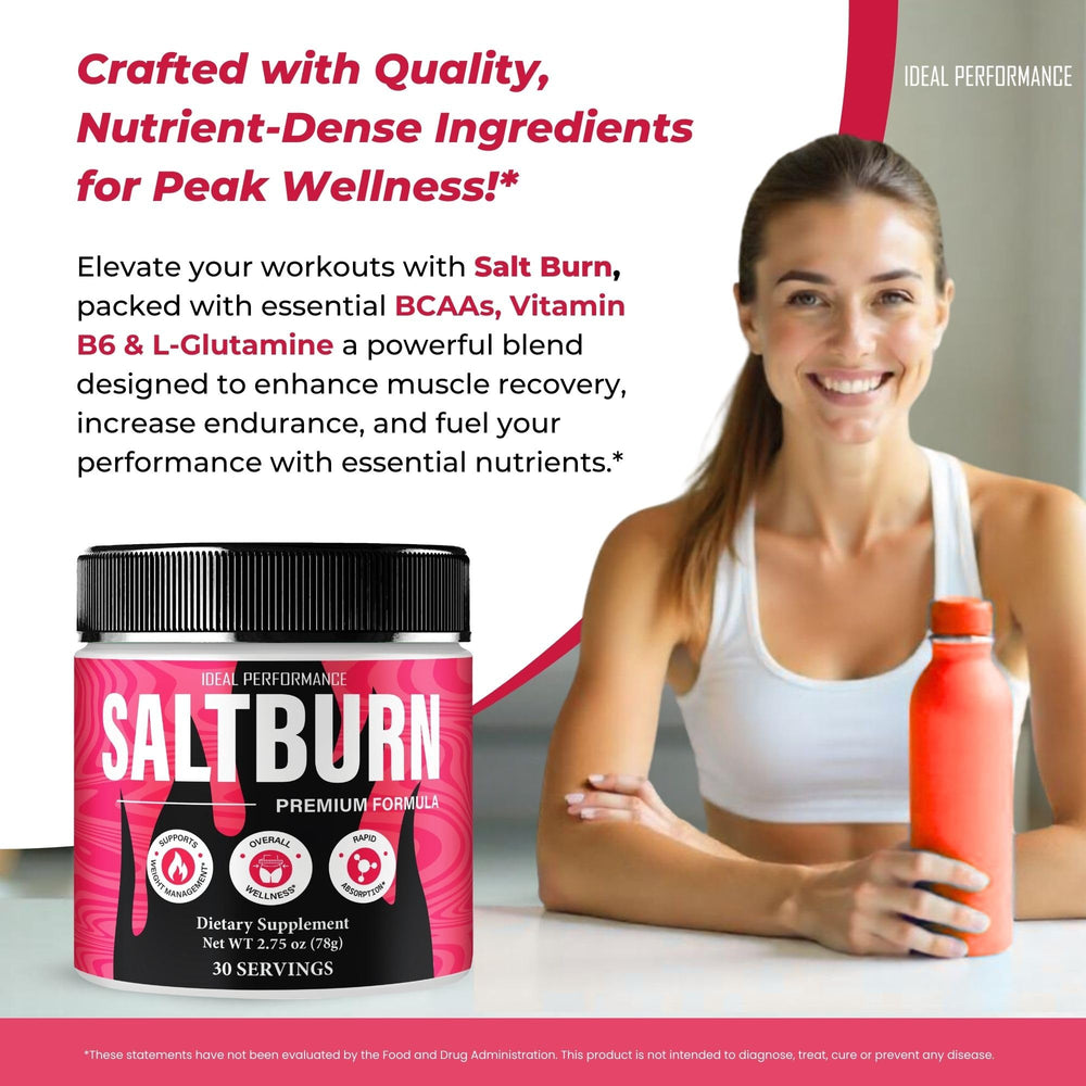IDEAL PERFORMANCE SaltBurn Powder in a shaker demonstrates convenient on-the-go mixing.