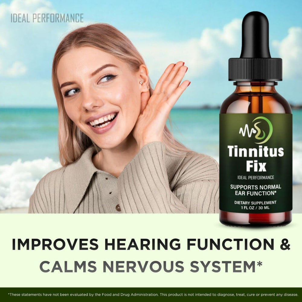 IDEAL PERFORMANCE Tinnitus Fix Drops label reveals natural ingredients
