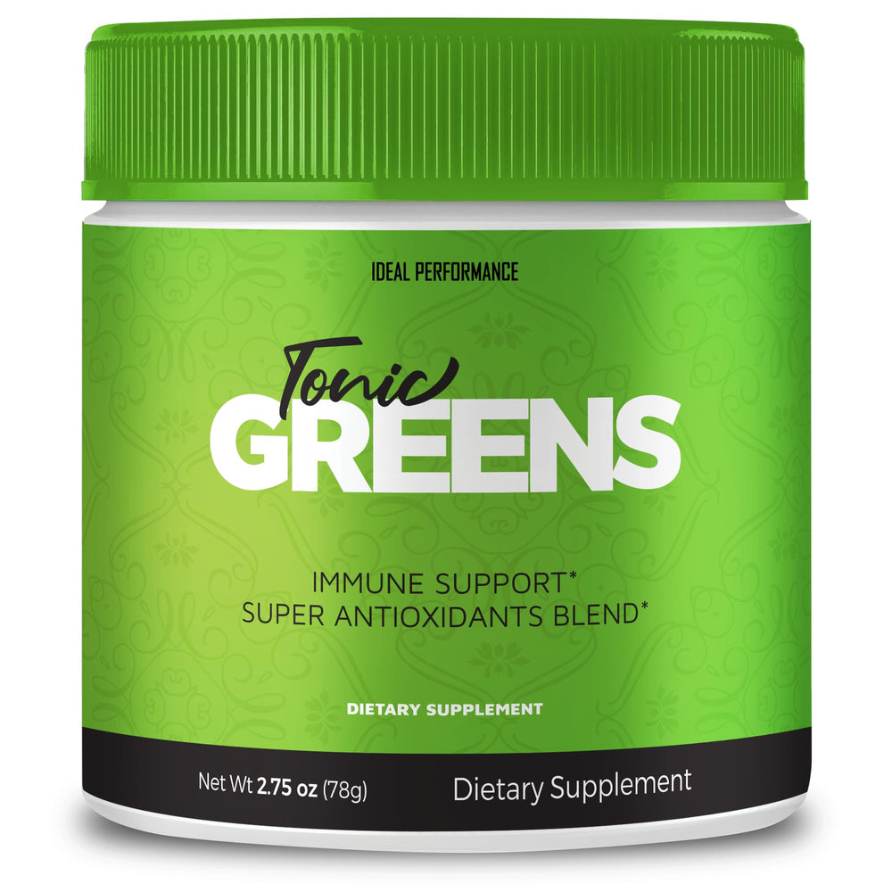 IDEAL PERFORMANCE Tonic Greens powder container supports convenient daily energy.