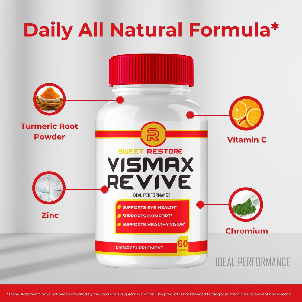 IDEAL PERFORMANCE Vismax Revive bottle on desk for consistent eye care.