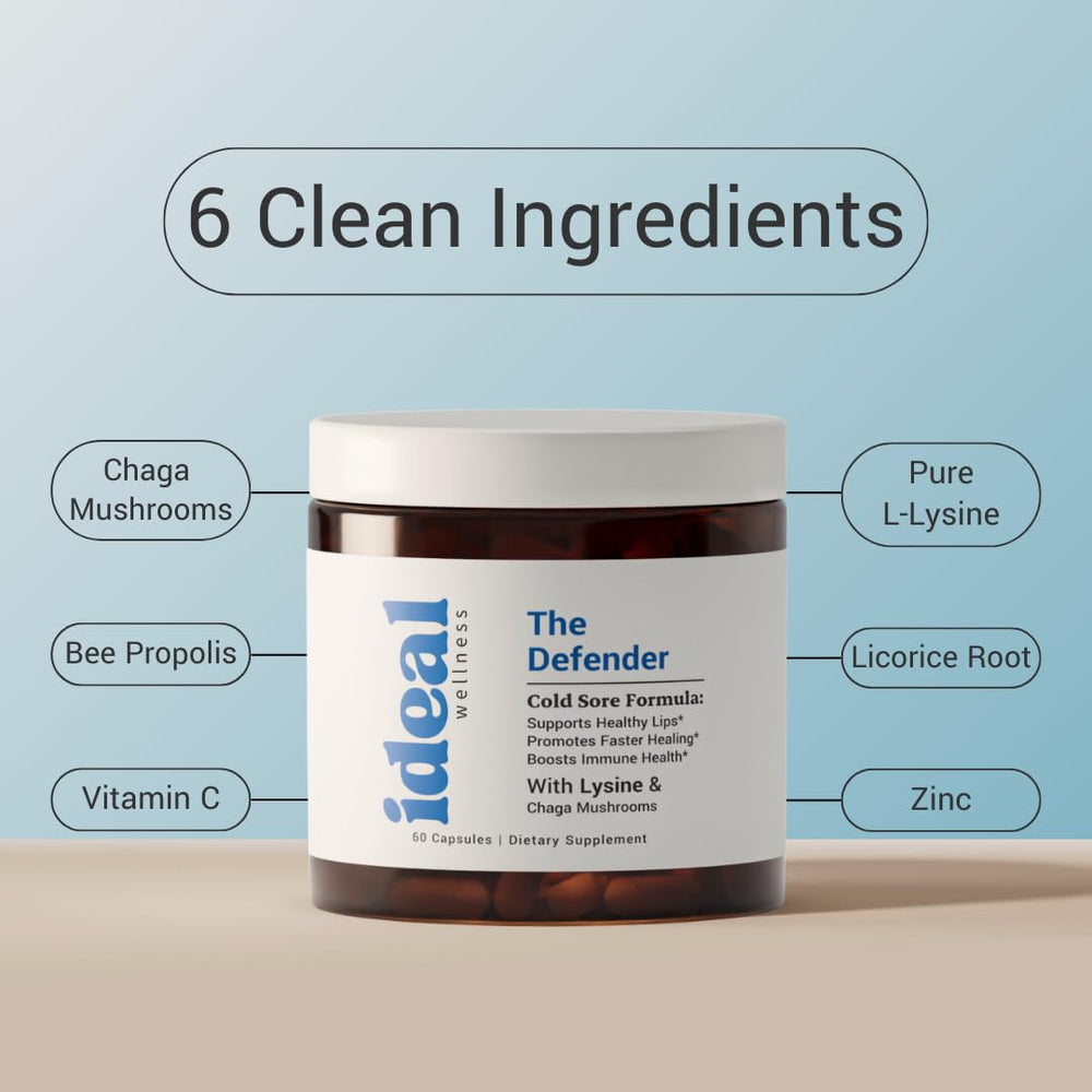 Ideal Wellness chaga ingredient closeup beside lysine capsules.