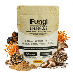iFungi Life Force 7 bottle-pour demonstrates a daily focus-boosting ritual