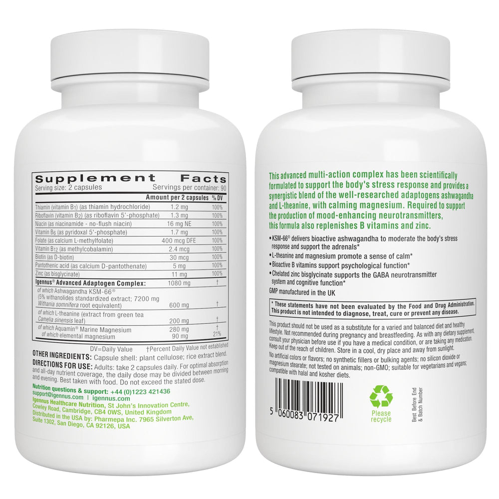 Igennus bottle with label and packaging scene conveys UK GMP manufacturing