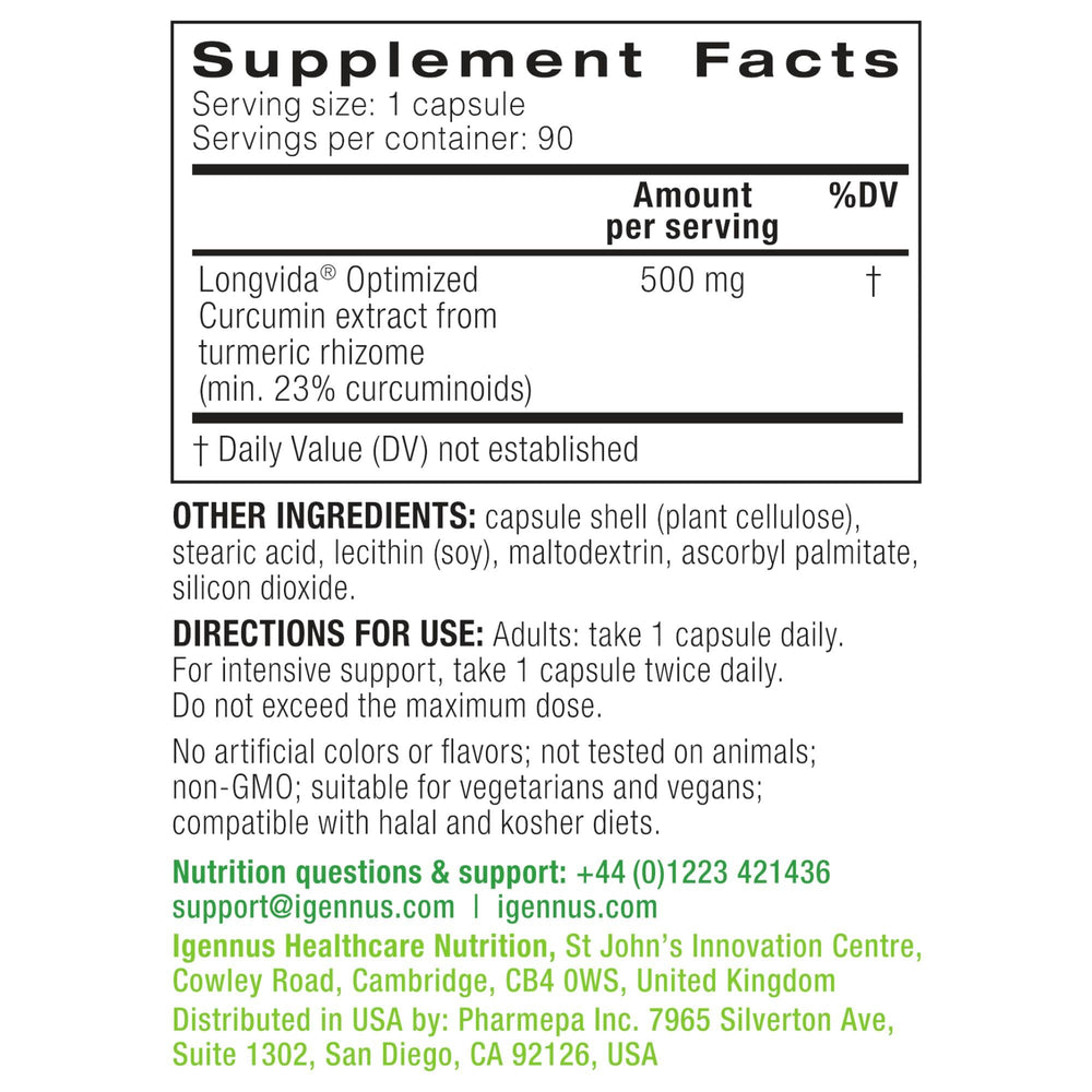 Igennus Longvida packaging with non-GMO and vegan credentials.