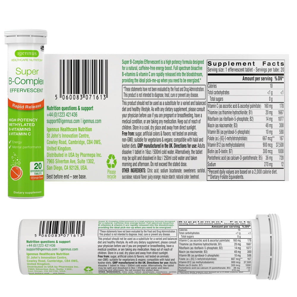 Igennus packaging box highlighting methylated B vitamins and vegan ingredients.