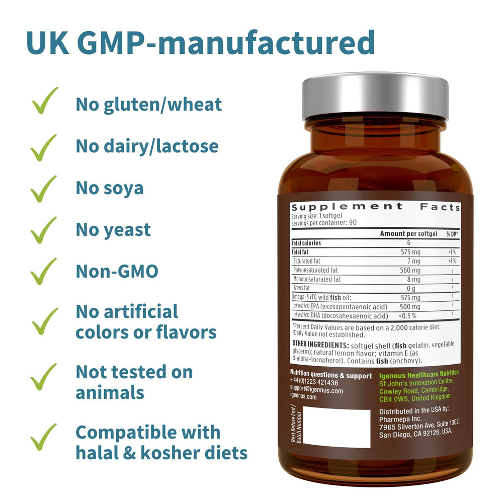 Igennus Ultra Pure Omega-3 IFOS certification seal signals purity and toxin testing.