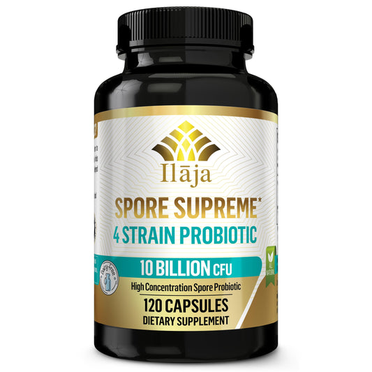 ILAJA Spore Supreme bottle front with high-dose capsules for daily gut balance.