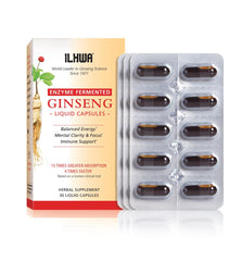 ILHWA enzyme fermented ginseng bottle front shows premium capsules for daily use.