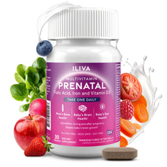 ILIVA Prenatal bottle front showing gluten-free, dairy-free, and soy-free formula.