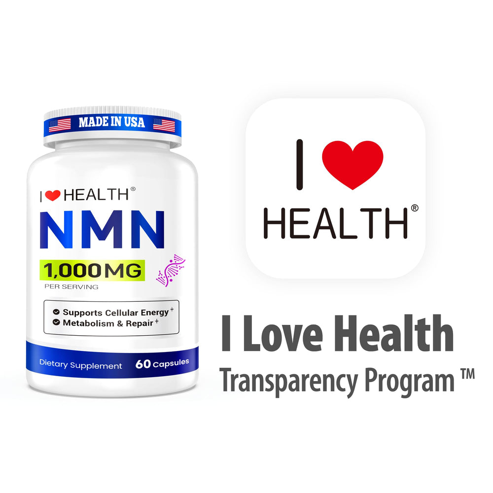 I LOVE HEALTH NMN bottle with glass suggests an easy daily routine