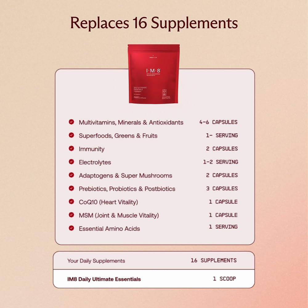 IM8 probiotics and greens visible in powder suggesting digestion support possibilities
