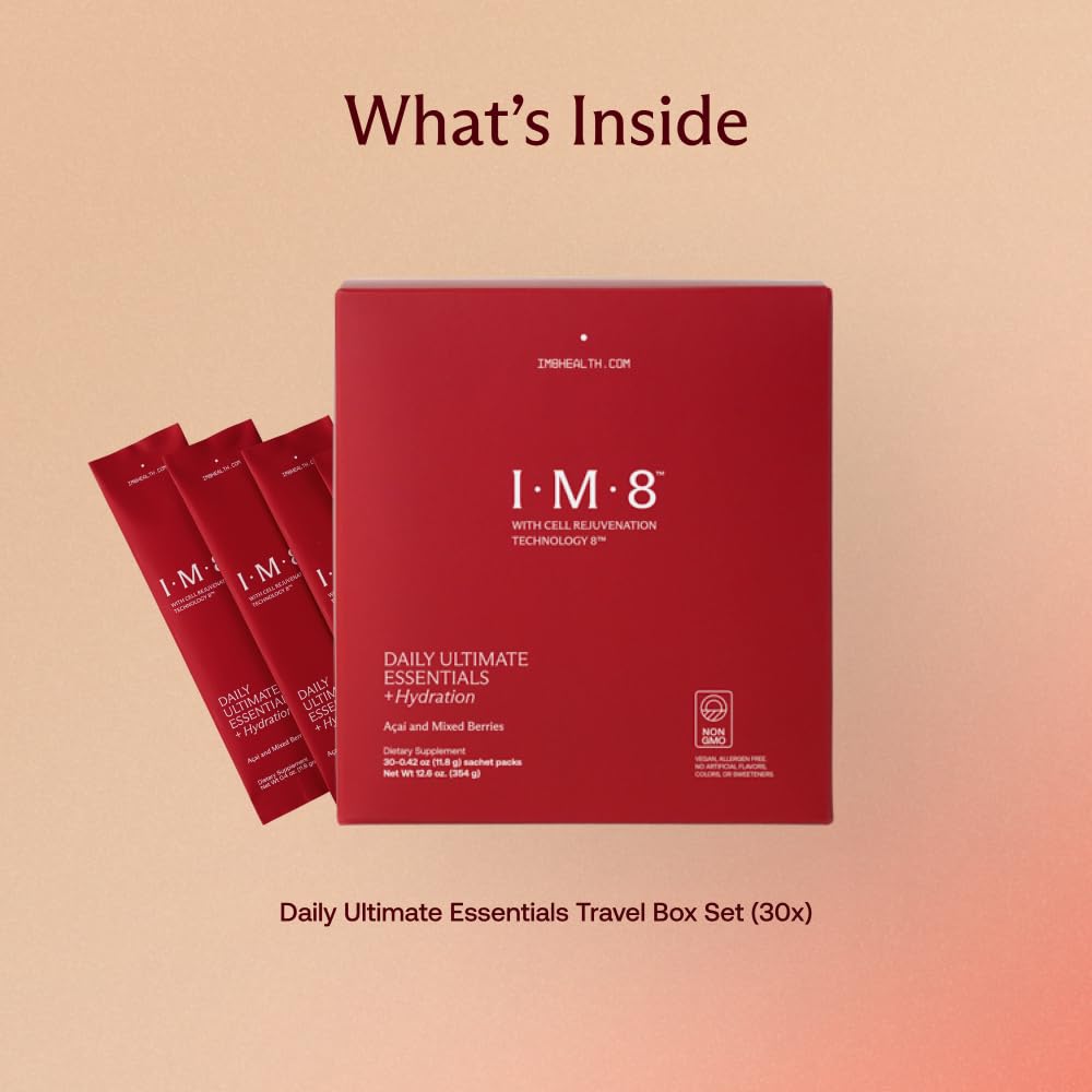 Glass with IM8 Daily Ultimate Essentials drink highlighting smooth berry flavor and hydration