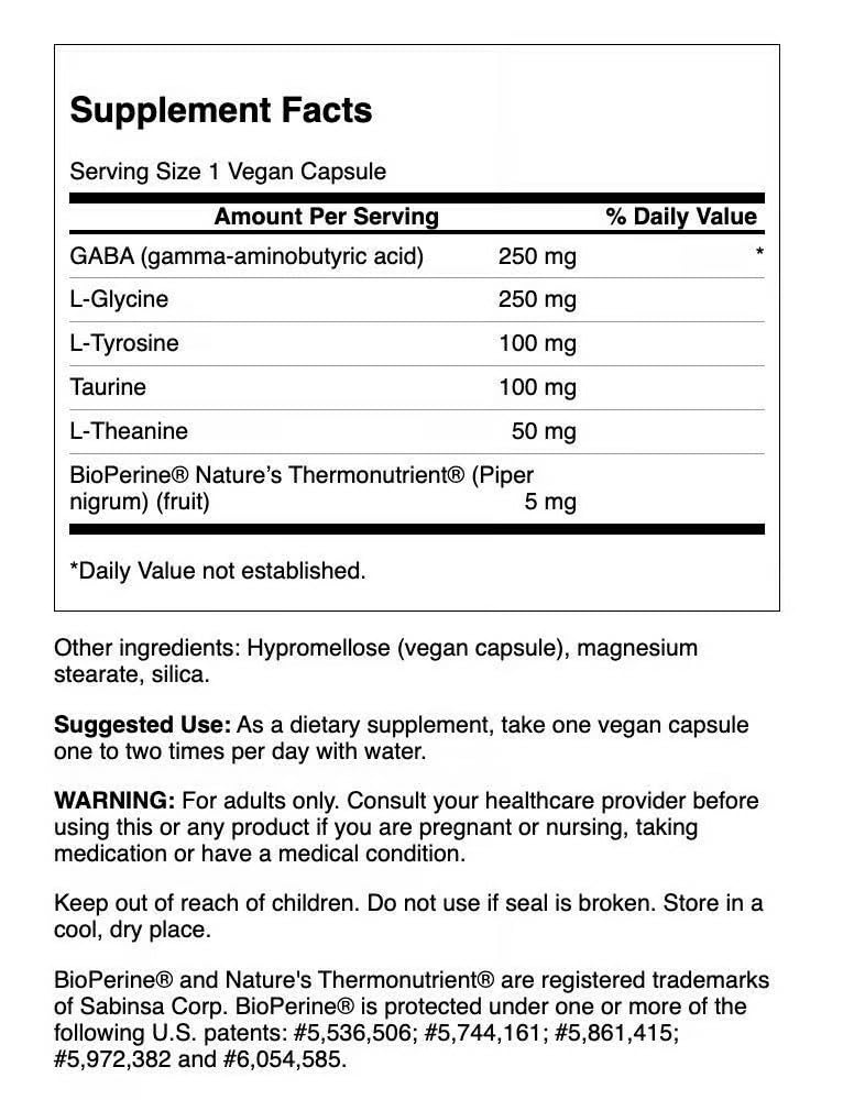 Swanson Gabaplex bottle side label highlights vegetarian formula