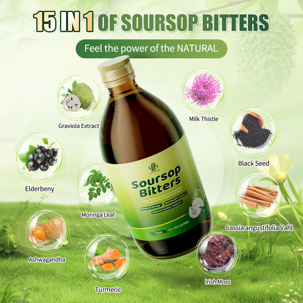 iMATCHME Soursop Bitters blend close-up highlights 15 herbs.