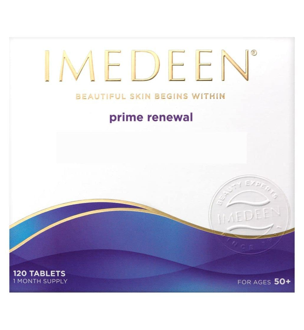 Imedeen Prime Renewal packaging detail highlights formulation and benefits.