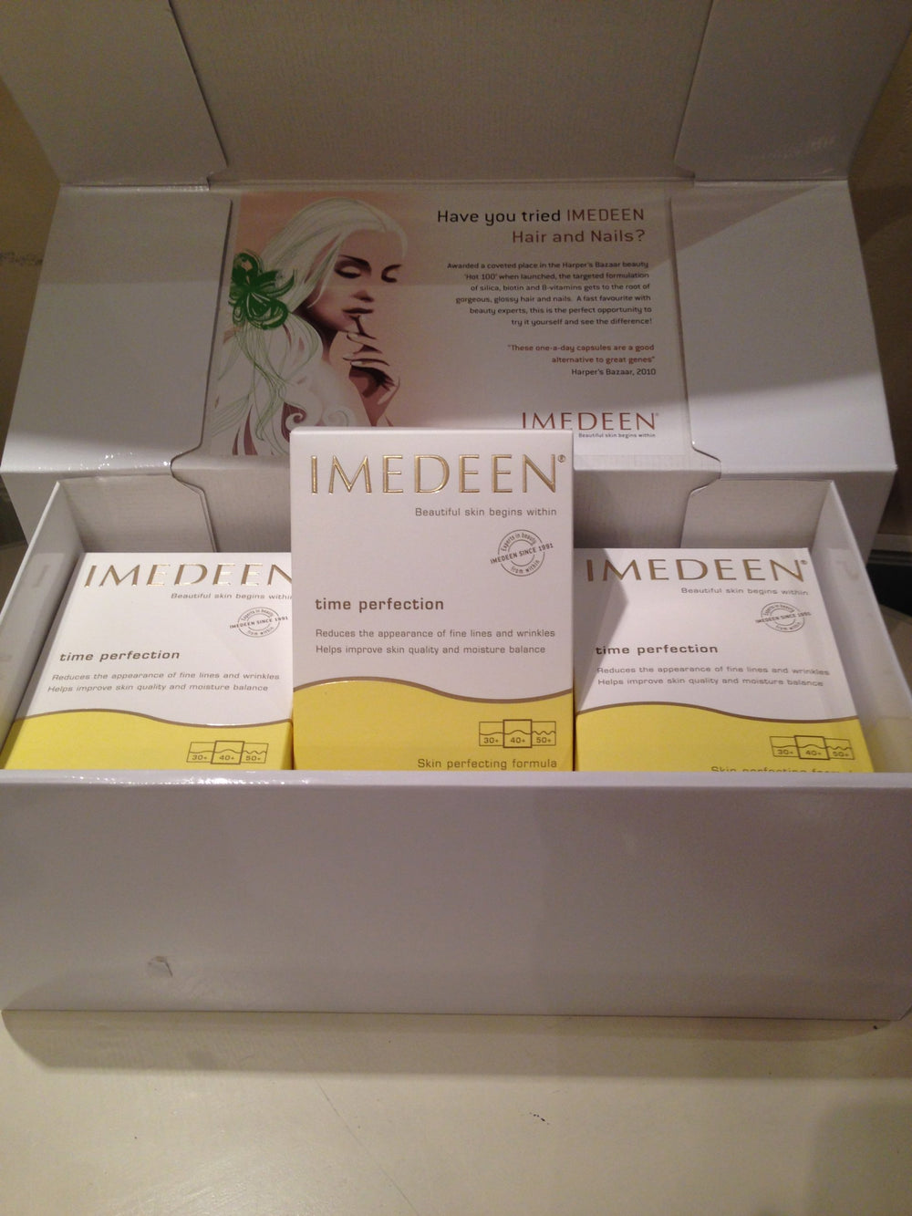Imedeen Time Perfection 360 bottle shown, supporting moisturized, smoother-looking skin.