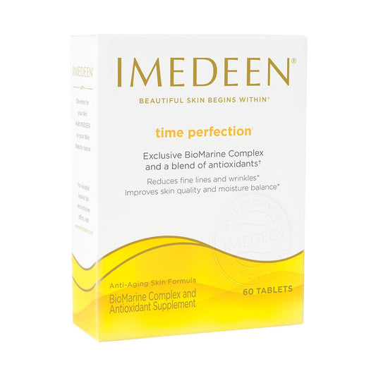 Imedeen Time Perfection bottle on a counter may support skin hydration and suppleness