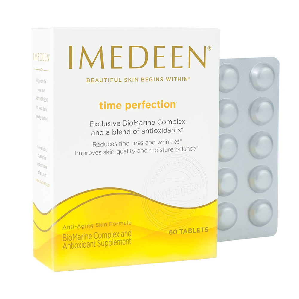 Close-up of Time Perfection tablets highlights easy daily intake for skincare support