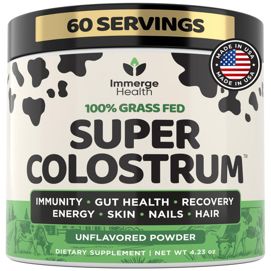 Immerge Health bottle with Super Colostrum Powder for gut-friendly daily support.