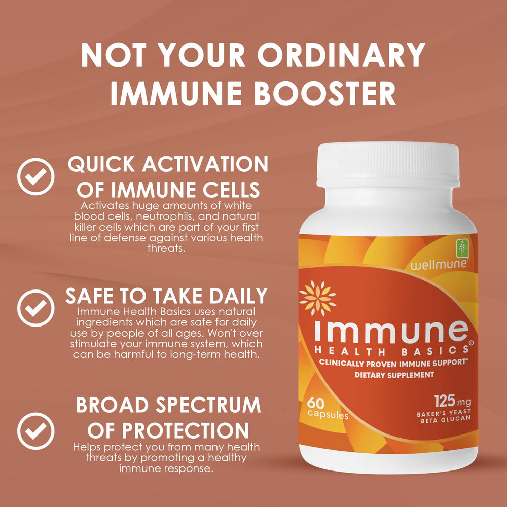 Immune Health Basics capsules close-up highlighting beta glucan benefits.