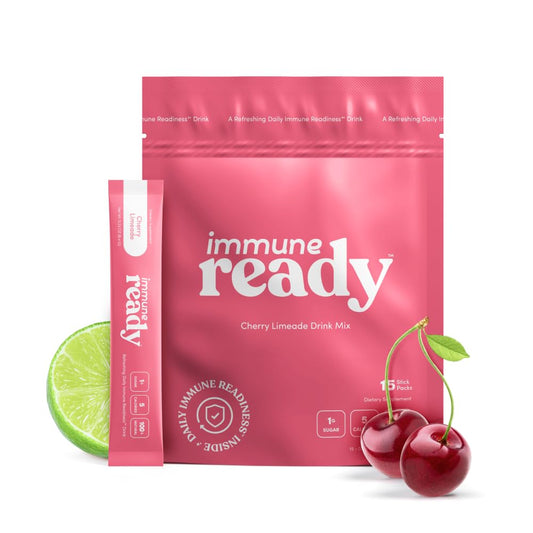 Immune Ready immune boost drink mix tub showing the cherry limeade flavor