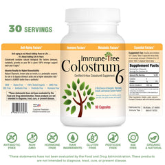 Close-up of Immune-Tree label detailing 100% pure colostrum and sourcing.